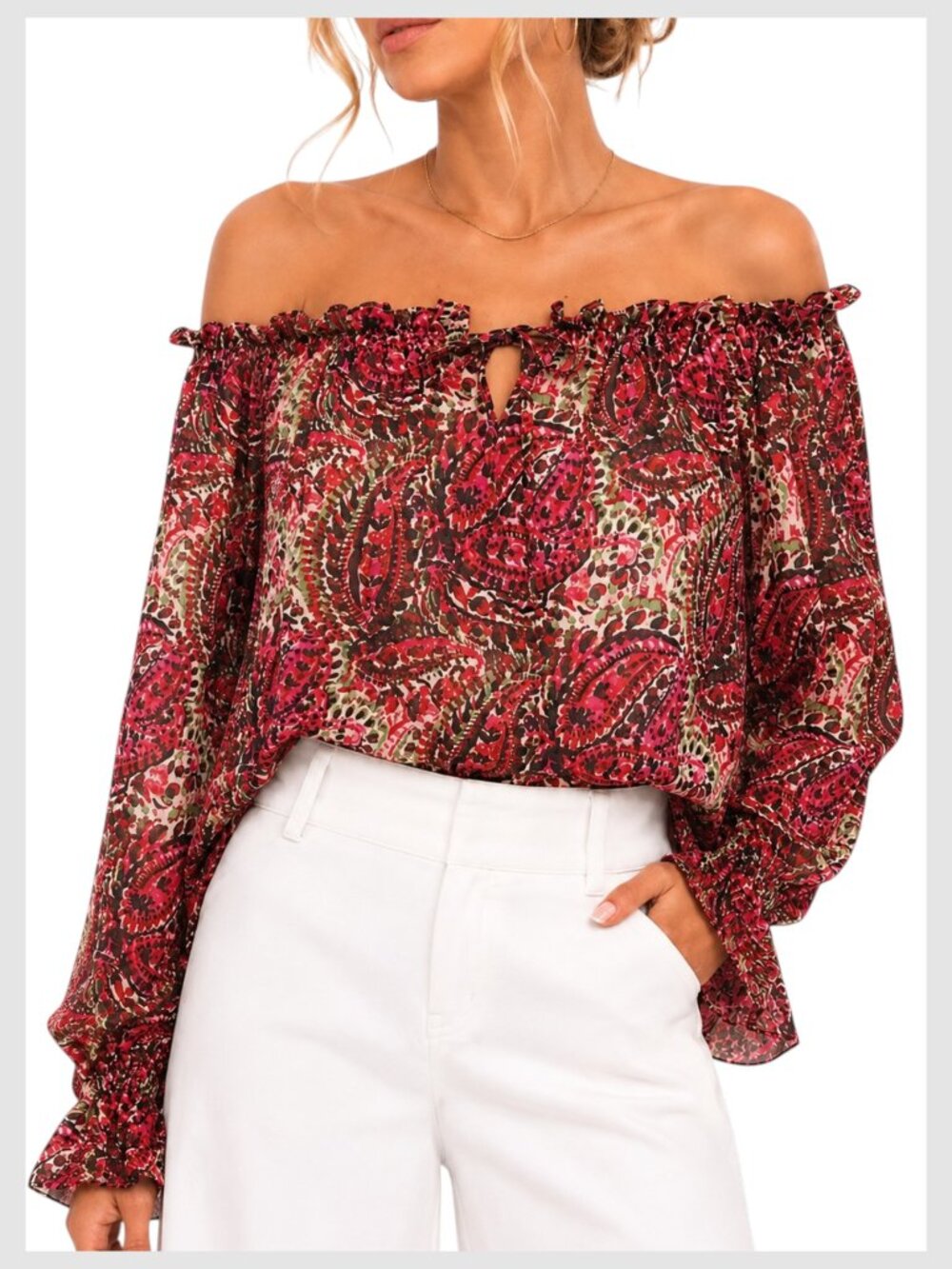 VICI Blouse Red Ivory Off Shoulder Floral Paisley XS